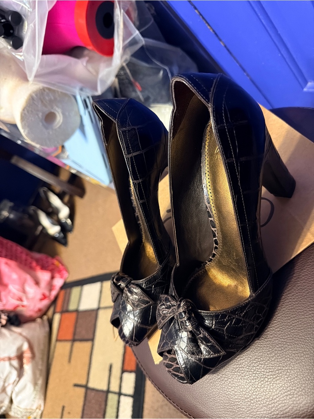 J Vincent Black Croc-Texture Bow Block Heels